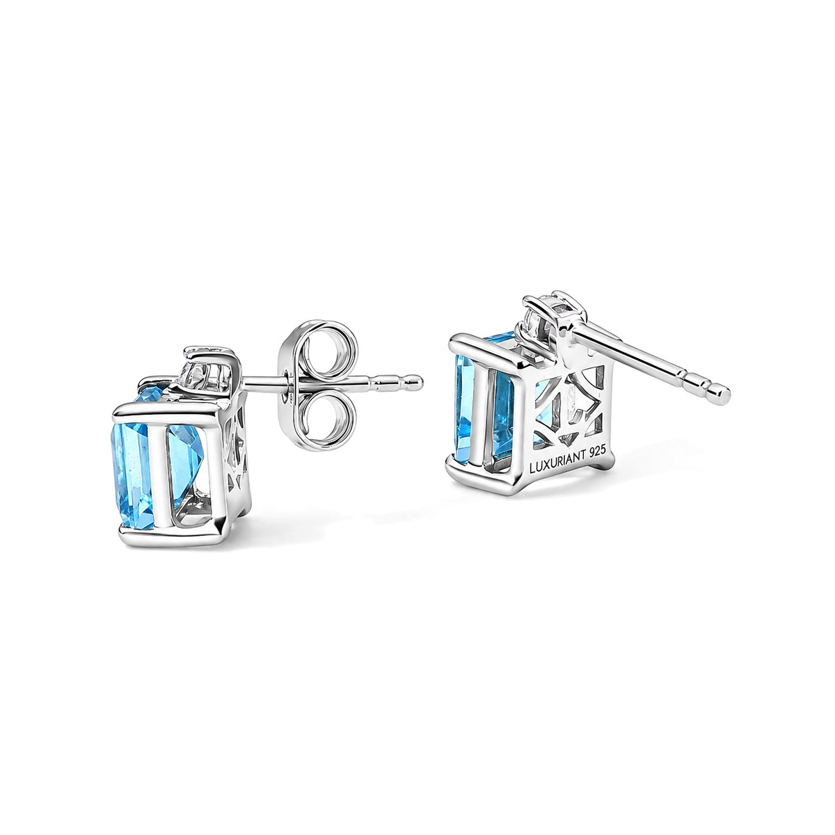 Luxuriant - Swiss Blue Topaz &amp; Lab Grown Diamond (SI/G-H) Stud Push Post Earring in Platinum Overlay Sterling Silver 2.70 Ct. V32578738 3