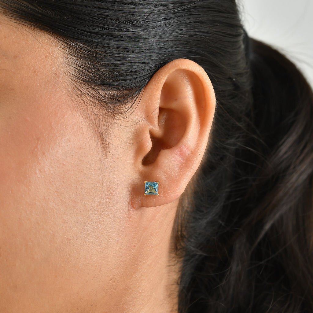D'Joy - Swiss Blue Topaz Solitaire Stud Earring with Push Post in Yellow Gold Plated Sterling Silver 1.32 Ct._8719856_1