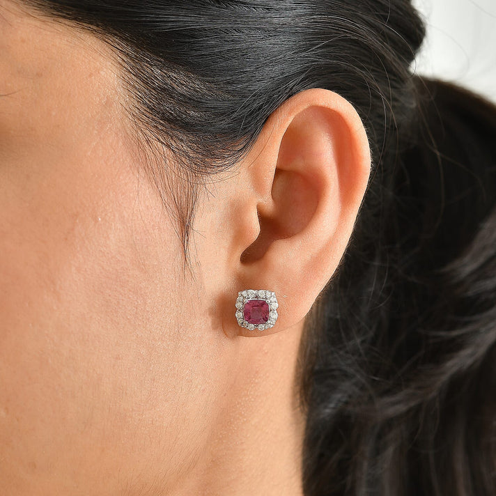 D'Joy - USAMBARA Colour Change Garnet &amp; Moissanite Halo Earring with Push Back in Rhodium Overlay Sterling Silver 2.18 Ct. 8720214 2