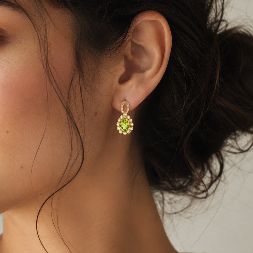D'Joy - Natural Hebei Peridot &amp; White Zircon Drop Earring with Push Post in Yellow Gold Plated Sterling Silver 1.70 Ct. V32513704 2