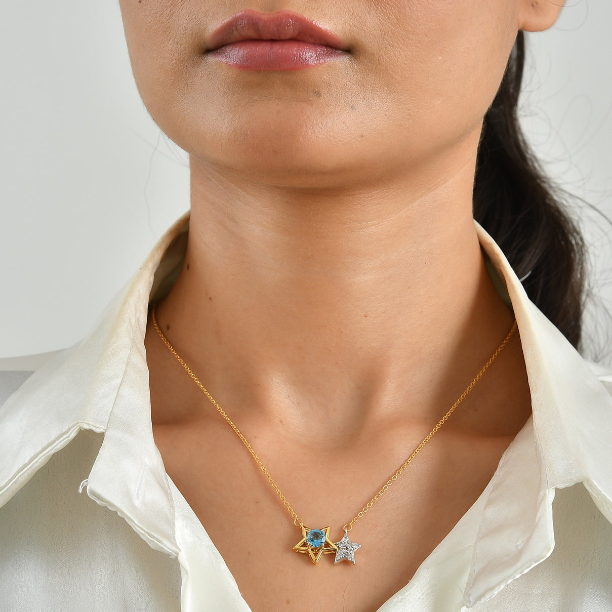 D'Joy - White Zircon Twin Star Necklace (Size - 20) in Yellow Gold Plated Sterling Silver 1.45 Ct. 8721725 2