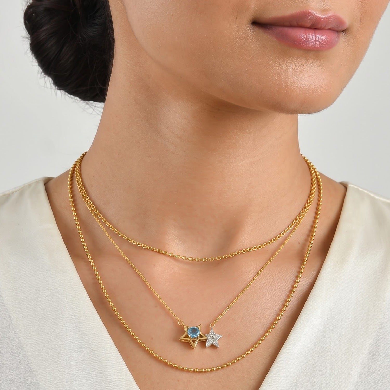 D'Joy - White Zircon Twin Star Necklace (Size - 20) in Yellow Gold Plated Sterling Silver 1.45 Ct. 8721725 3