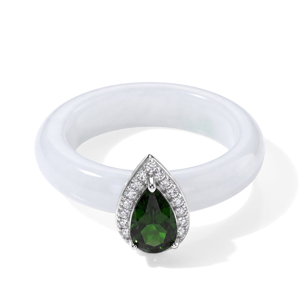 D'Joy - Natural Chrome Diopside, White Jade & White Zircon Halo Ring in Rhodium Overlay Sterling Silver 14.00 Ct._8721812