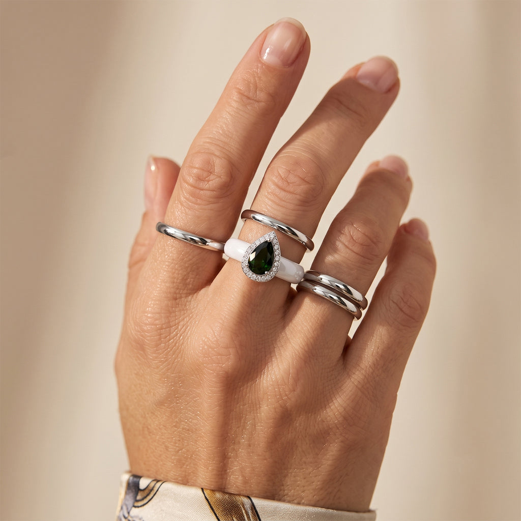 D'Joy - Natural Chrome Diopside, White Jade & White Zircon Halo Ring in Rhodium Overlay Sterling Silver 14.00 Ct._8721812_2