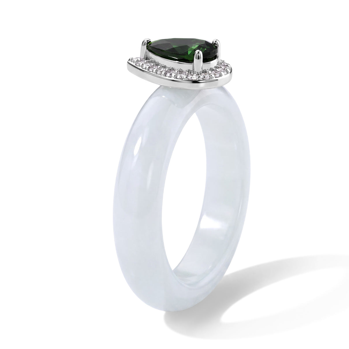 D'Joy - Natural Chrome Diopside, White Jade &amp; White Zircon Halo Ring in Rhodium Overlay Sterling Silver 14.00 Ct. 8721812 4