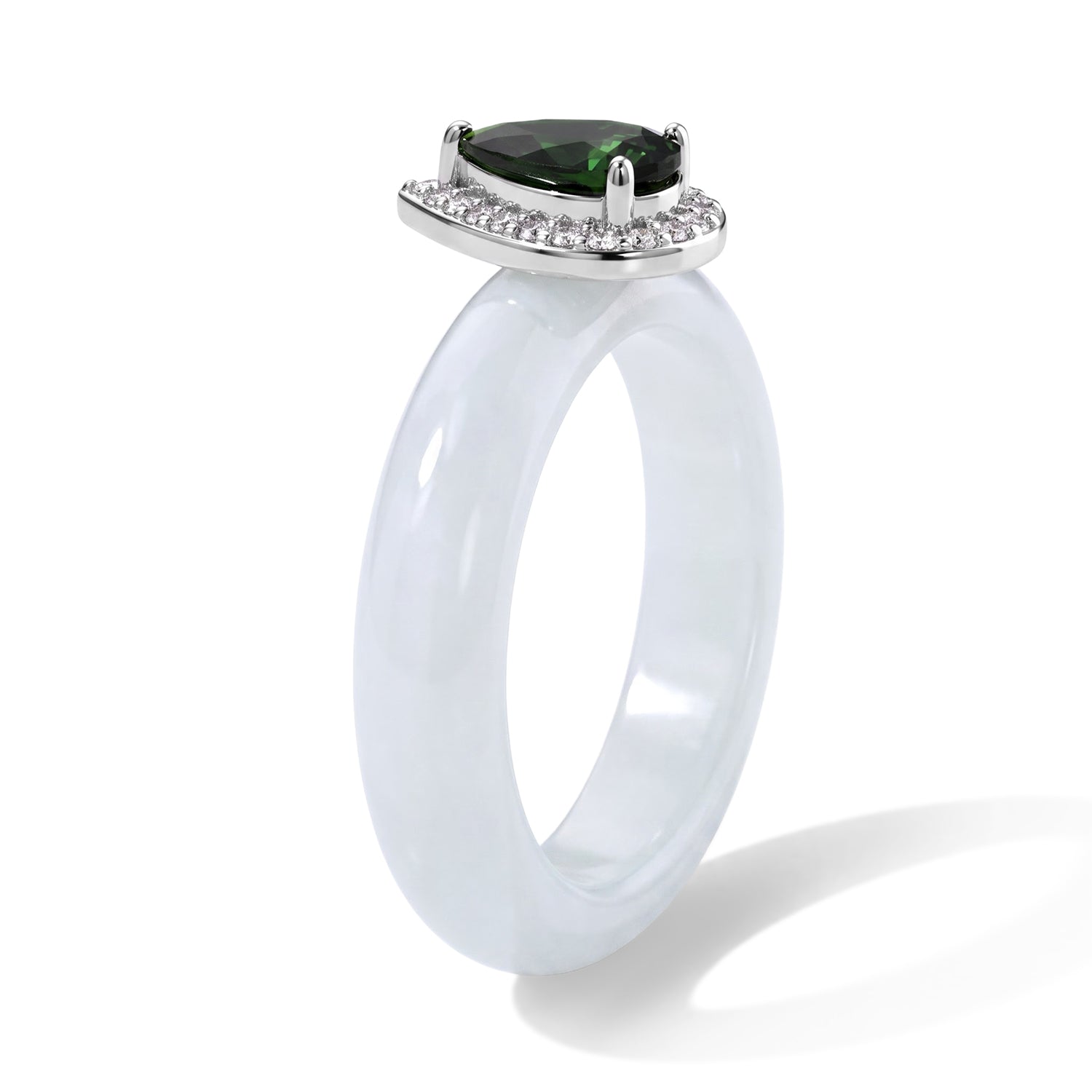 D'Joy - Natural Chrome Diopside, White Jade &amp; White Zircon Halo Ring in Rhodium Overlay Sterling Silver 14.00 Ct. 8721812 4