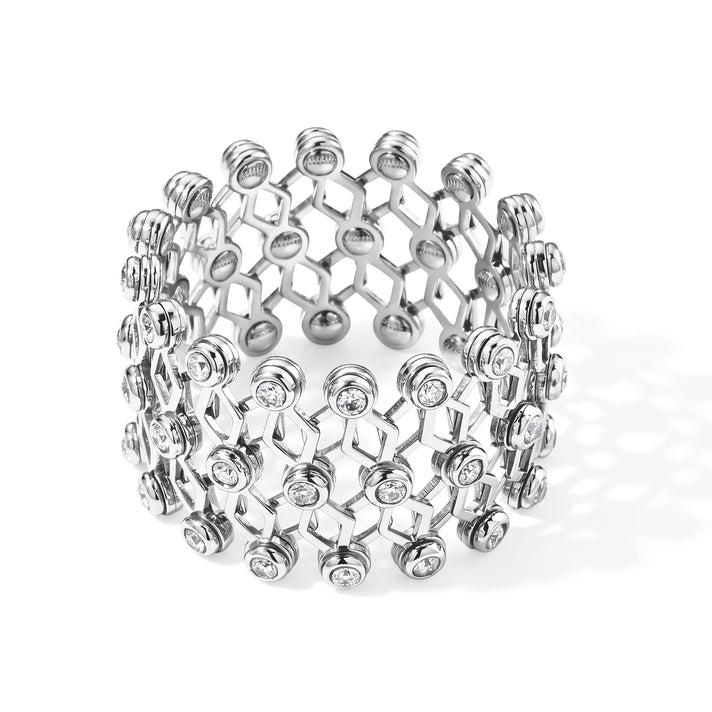 D'Joy - Moissanite 2 in 1 Adjustable Concertina Ring/Bangle in Rhodium Overlay Silver Wt. 10.70 Gms 8723479 1