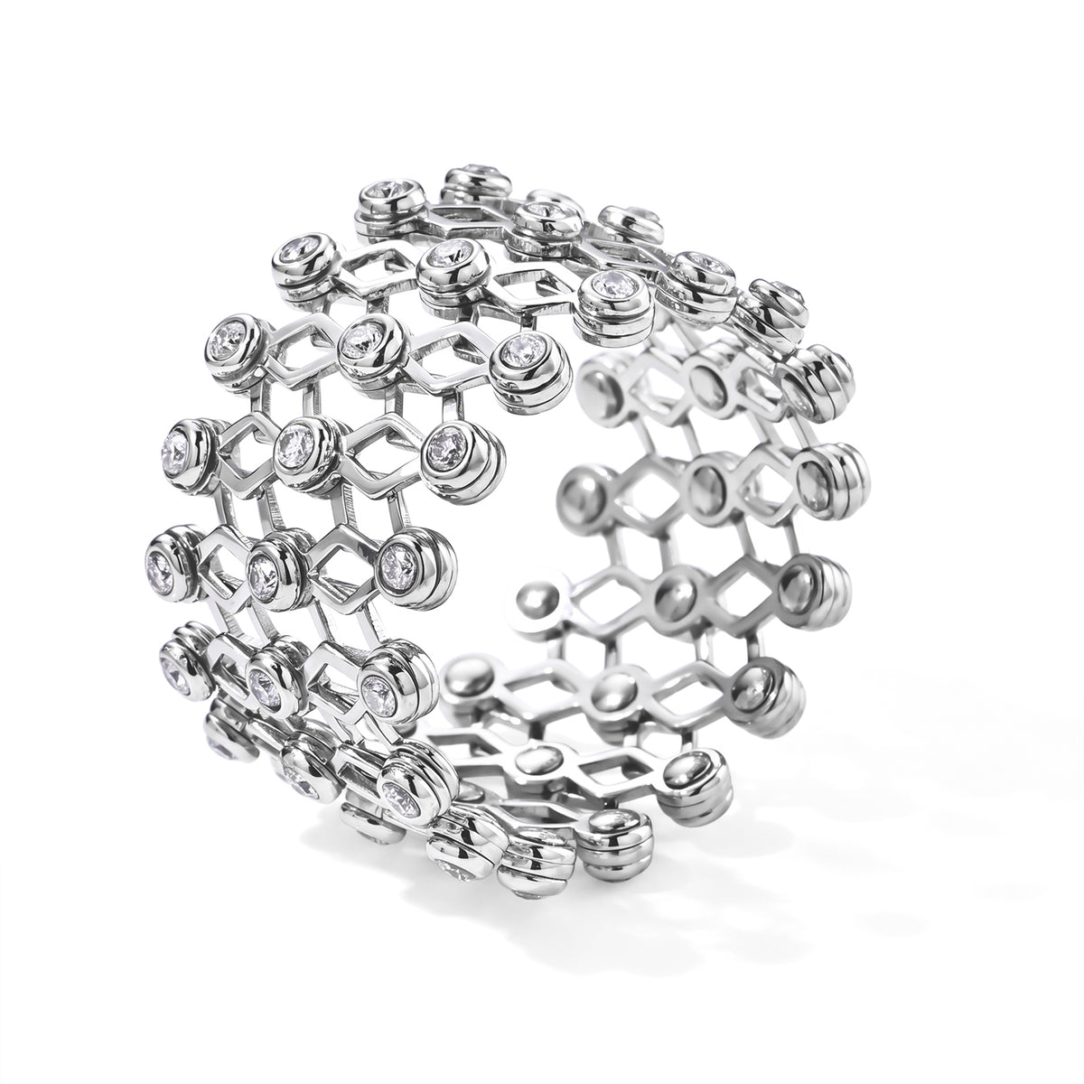 D'Joy - Moissanite 2 in 1 Adjustable Concertina Ring/Bangle in Rhodium Overlay Silver Wt. 10.70 Gms 8723479 4
