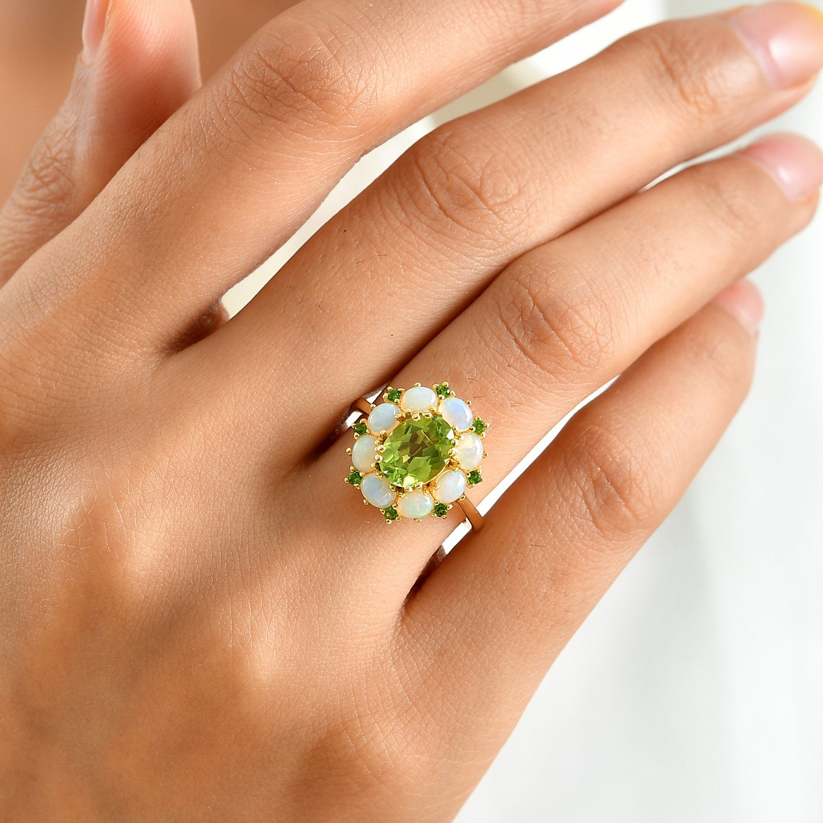 D'Joy - Natural Hebei Peridot, Natural Chrome Diopside &amp; Ethiopian Opal Floral Ring in 18K Vermeil Yellow Gold Plated Sterling Silver 2.90 Ct. 8724147 2