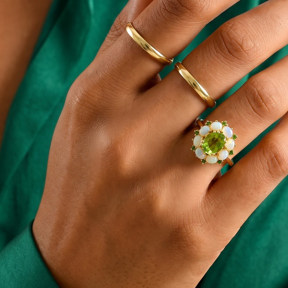 D'Joy - Natural Hebei Peridot, Natural Chrome Diopside &amp; Ethiopian Opal Floral Ring in 18K Vermeil Yellow Gold Plated Sterling Silver 2.90 Ct. 8724147 3