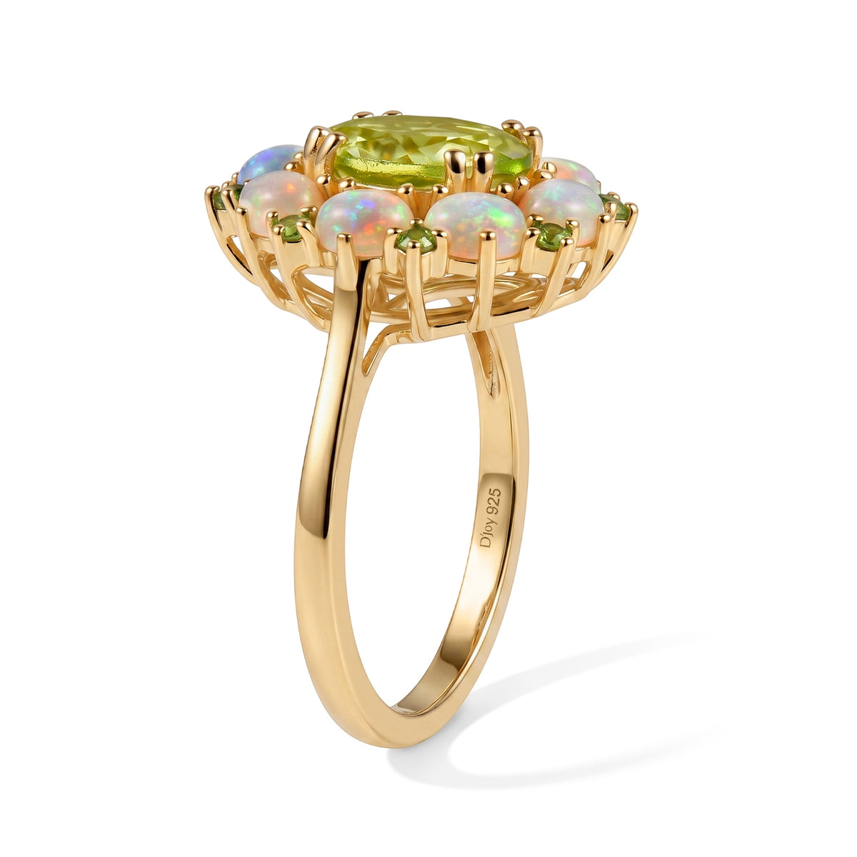 D'Joy - Natural Hebei Peridot, Natural Chrome Diopside &amp; Ethiopian Opal Floral Ring in 18K Vermeil Yellow Gold Plated Sterling Silver 2.90 Ct. 8724147 4