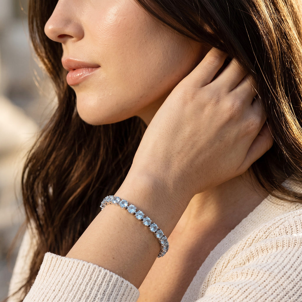 D'Joy - Paraiba Moissanite Tennis Bracelet (Size - 7) in Rhodium Overlay Sterling Silver 16.55 Ct, Silver Wt. 11.70 Gms_8724635_1