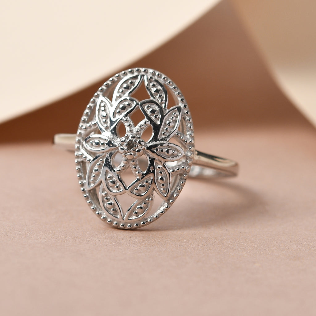 D'Joy - Natural White Diamond Floral Ring in Platinum Overlay Sterling Silver_8726340_2