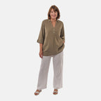 Tamsy Linen Blend Long Line Roll Up Sleeve Blouse (Size S) - Olive_8732826