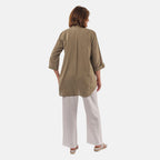 Tamsy Linen Blend Long Line Roll Up Sleeve Blouse (Size S) - Olive_8732826_1