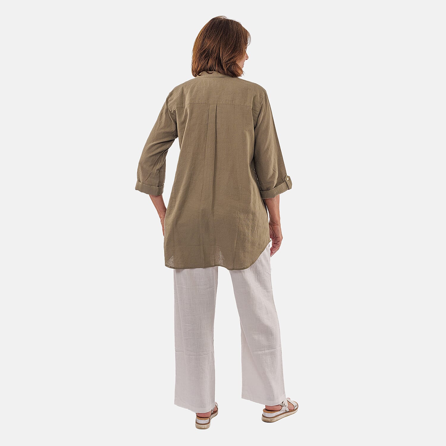 TAMSY Linen Blend Long Line Roll Up Sleeve Blouse  - Olive V32526322 1