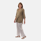 Tamsy Linen Blend Long Line Roll Up Sleeve Blouse (Size S) - Olive_8732826_2