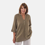 Tamsy Linen Blend Long Line Roll Up Sleeve Blouse (Size S) - Olive_8732826_3