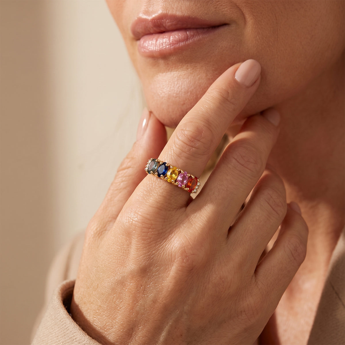D'Joy - Multi Sapphire &amp; White Diamond 5 Stone Ring in Yellow Gold Plated Sterling Silver 1.16 Ct. 8734853 1