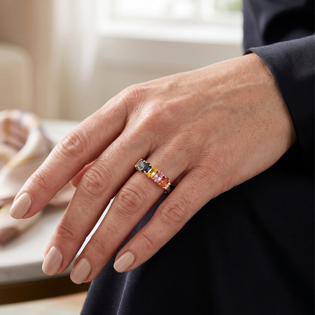 D'Joy - Multi Sapphire &amp; White Diamond 5 Stone Ring in Yellow Gold Plated Sterling Silver 1.16 Ct. 8734853 2