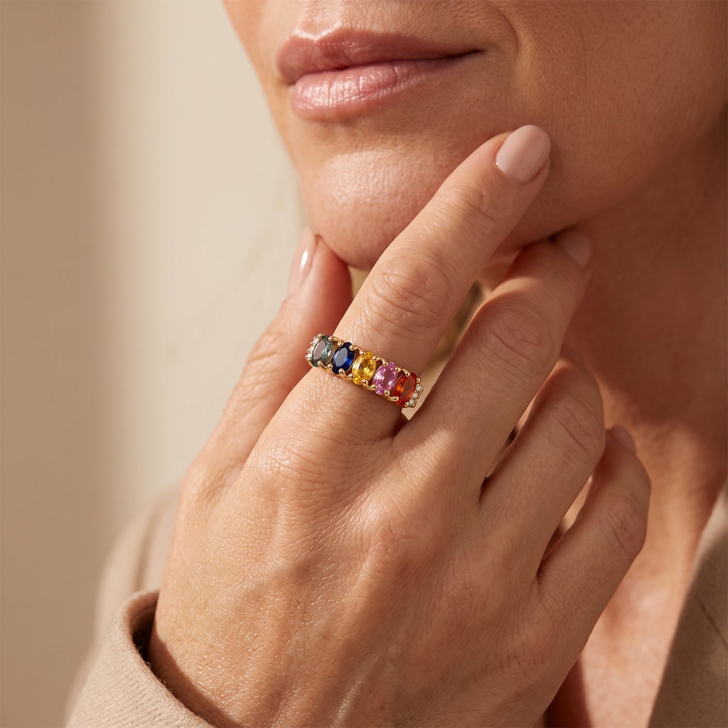 D'Joy - Multi Sapphire &amp; White Diamond 5 Stone Ring in Yellow Gold Plated Sterling Silver 1.16 Ct. 8734857 1