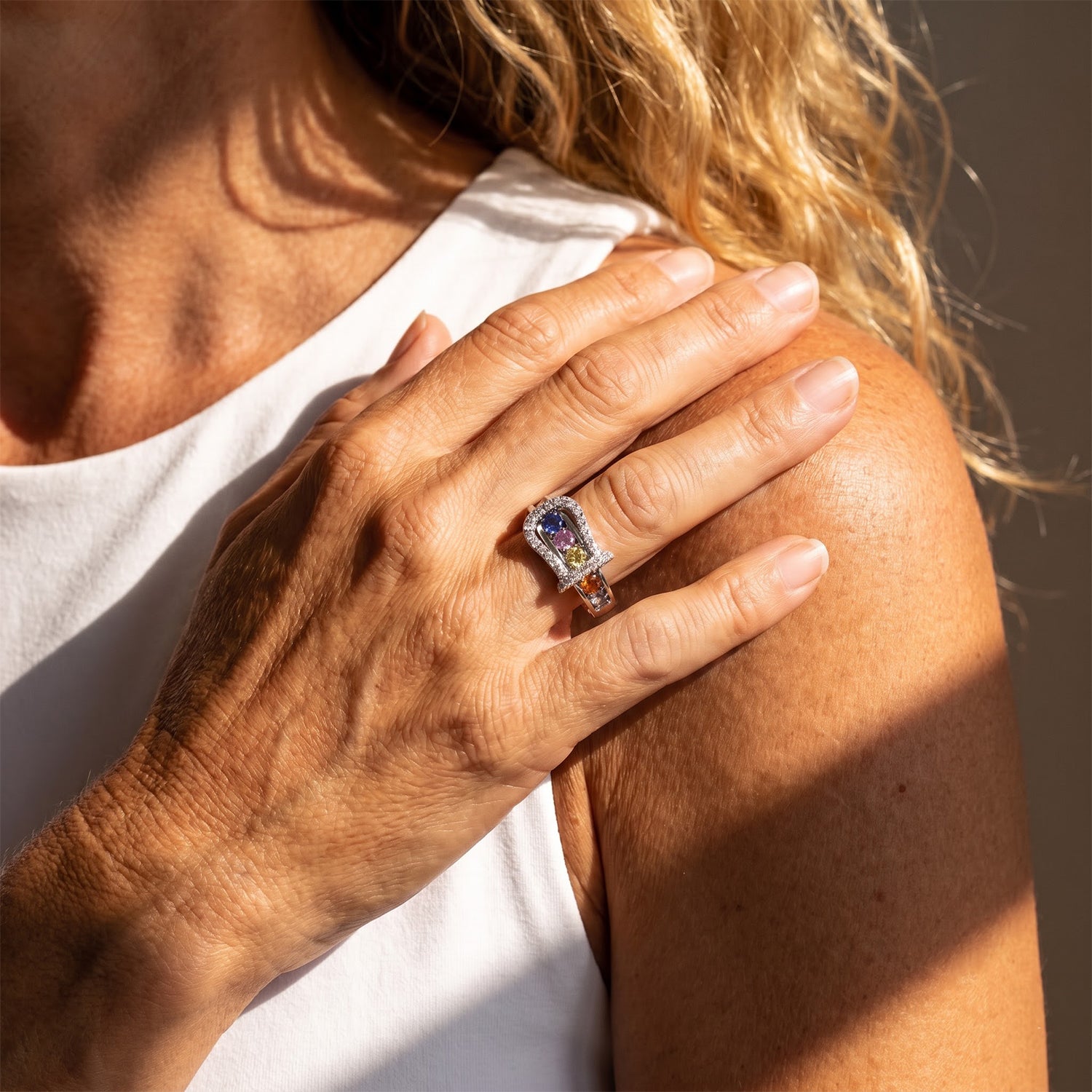 D'Joy - Multi Sapphire &amp; White Zircon Ring in Rhodium Overlay Sterling Silver 1.24 Ct. 8734897 2