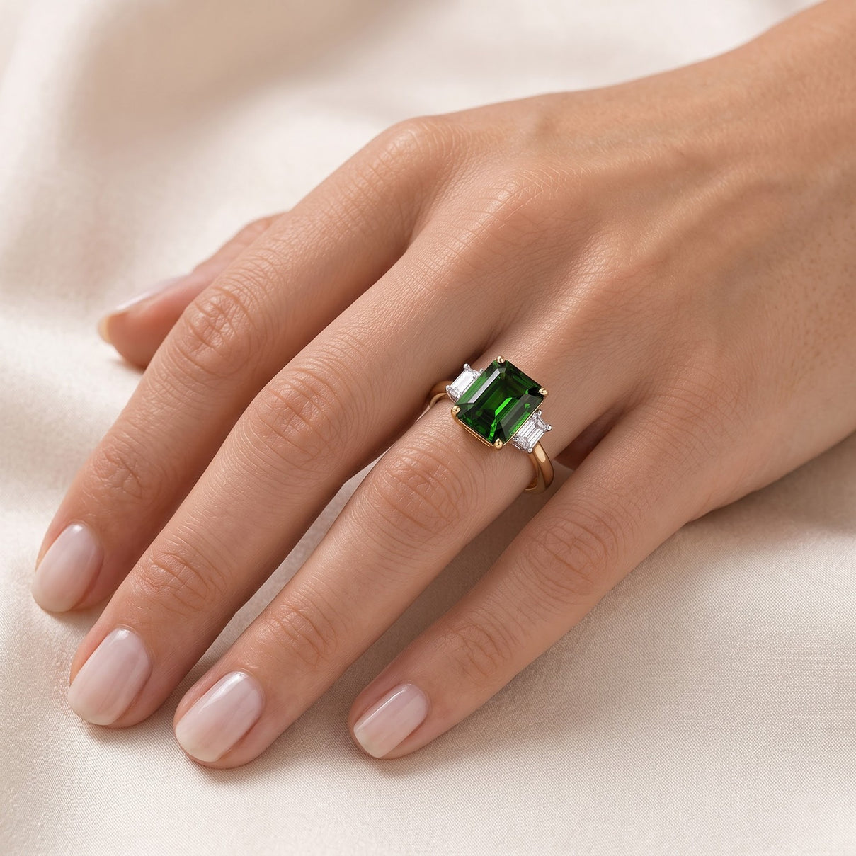 9K Yellow Gold Natural Chrome Diopside &amp; Lab Grown Diamond (SI-G-H) Trilogy Ring 3.60 Ct. 8735605 2