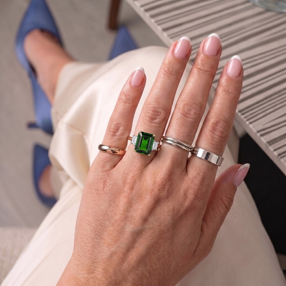 9K Yellow Gold Natural Chrome Diopside &amp; Lab Grown Diamond (SI-G-H) Trilogy Ring 3.60 Ct. 8735605 3