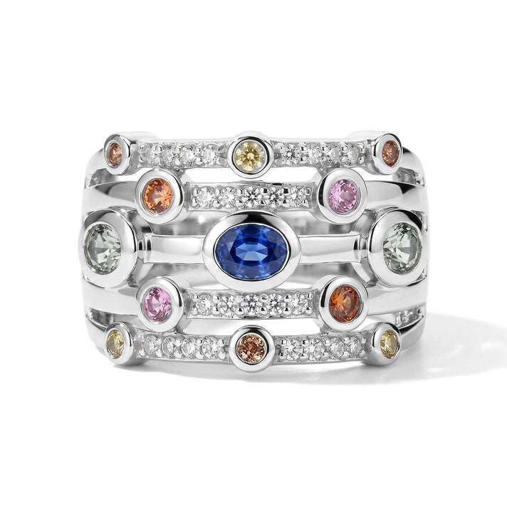 D'Joy - Multi-Sapphire &amp; White Zircon Multi-Row Band Ring in Rhodium Overlay Sterling Silver 1.33 Ct. 8735924 1