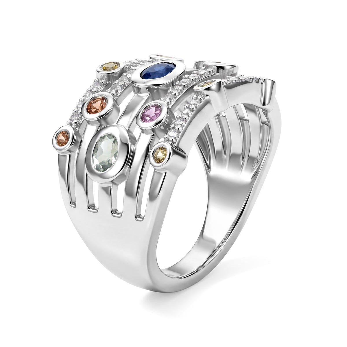 D'Joy Green Sapphire, Multi Gemstones Fancy Ring in Rhodium OverlaySterling Silver, Silver Wt.7 Gms  1.336  Ct. 8735924 3