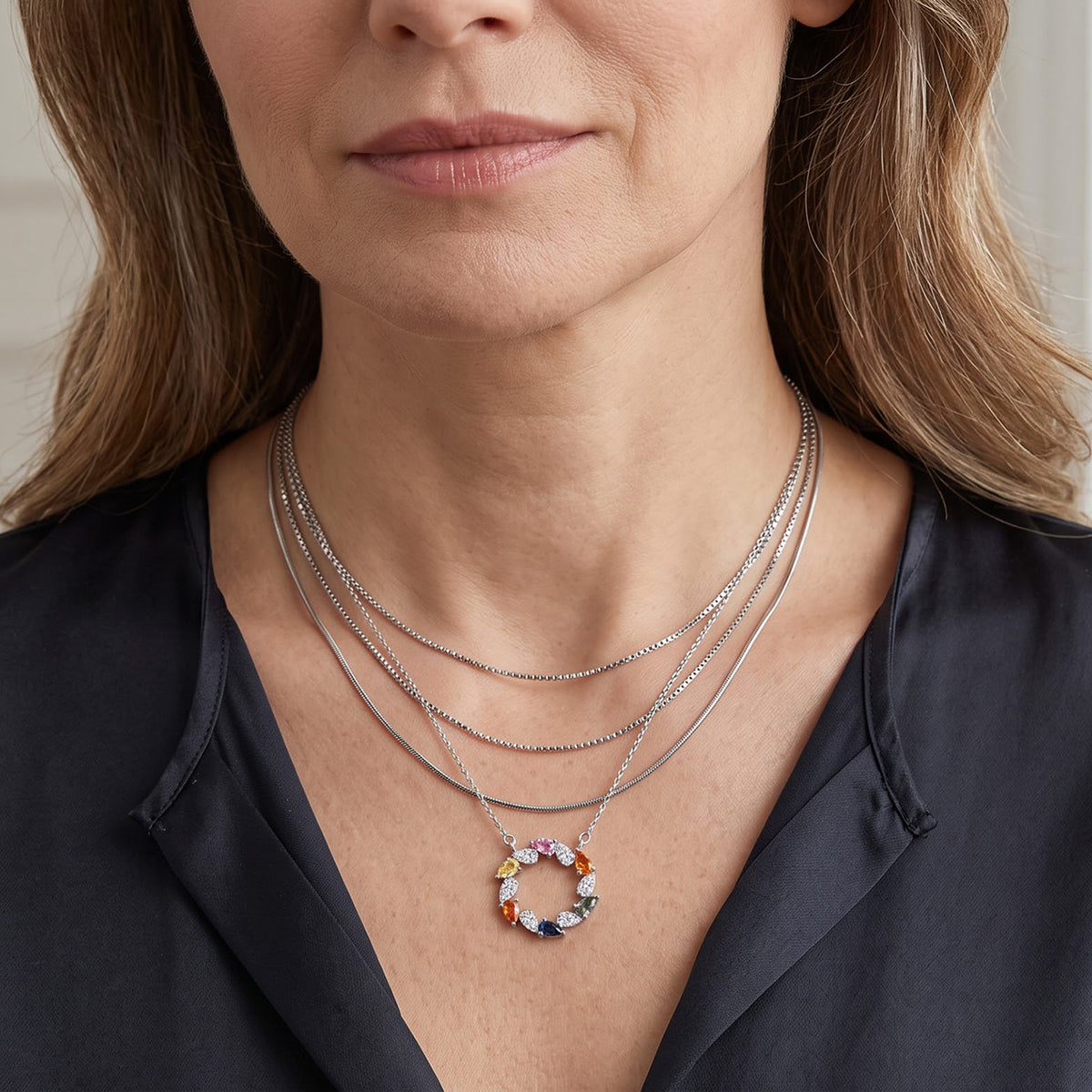 D'Joy Multi Sapphire, White Zircon Fancy Necklace (Size - 20) in Rhodium OverlaySterling Silver  2.109  Ct. 8736044 2