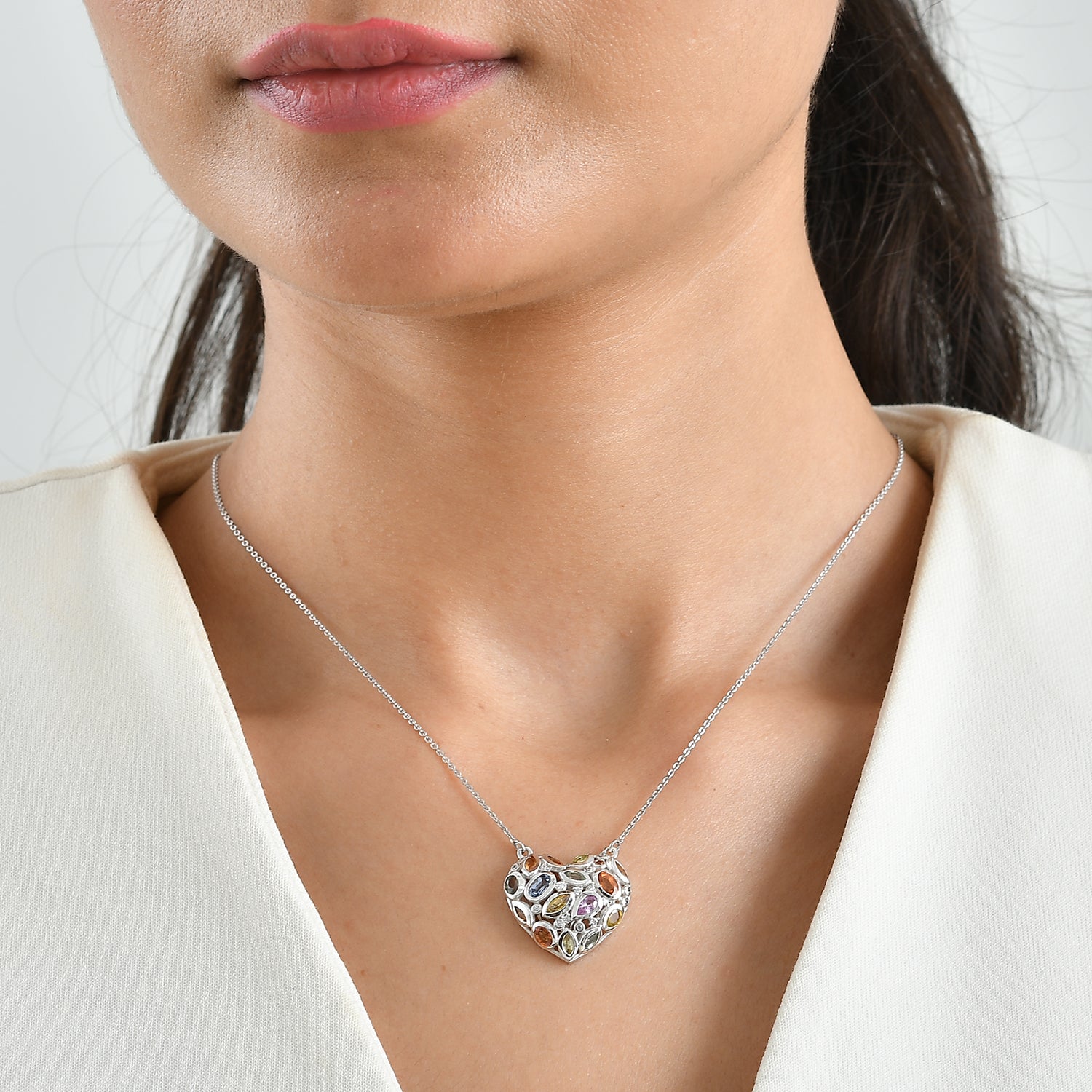 D'Joy Orange Sapphire, Multi Gemstones Cluster Necklace (Size - 20) in Rhodium OverlaySterling Silver  2.836  Ct. 8737307 1