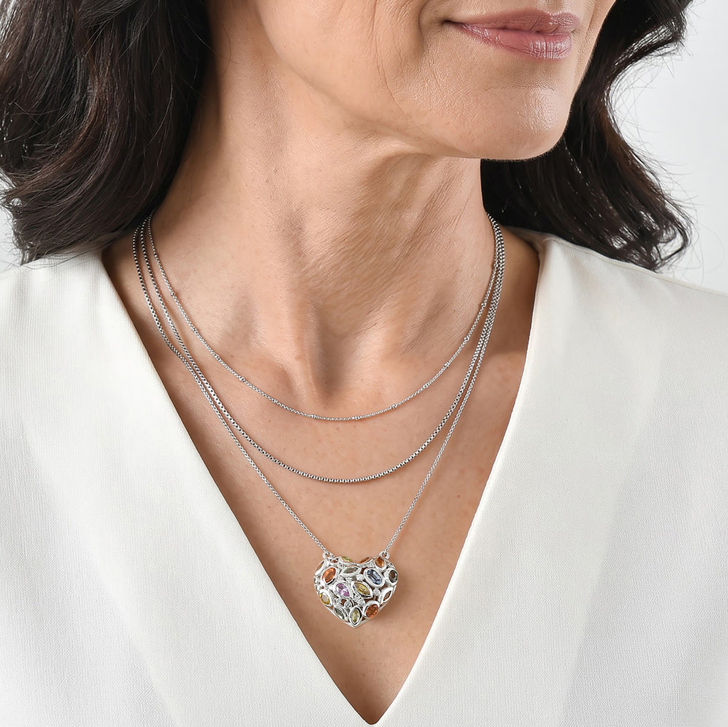 D'Joy Orange Sapphire, Multi Gemstones Cluster Necklace (Size - 20) in Rhodium OverlaySterling Silver  2.836  Ct._8737307_2