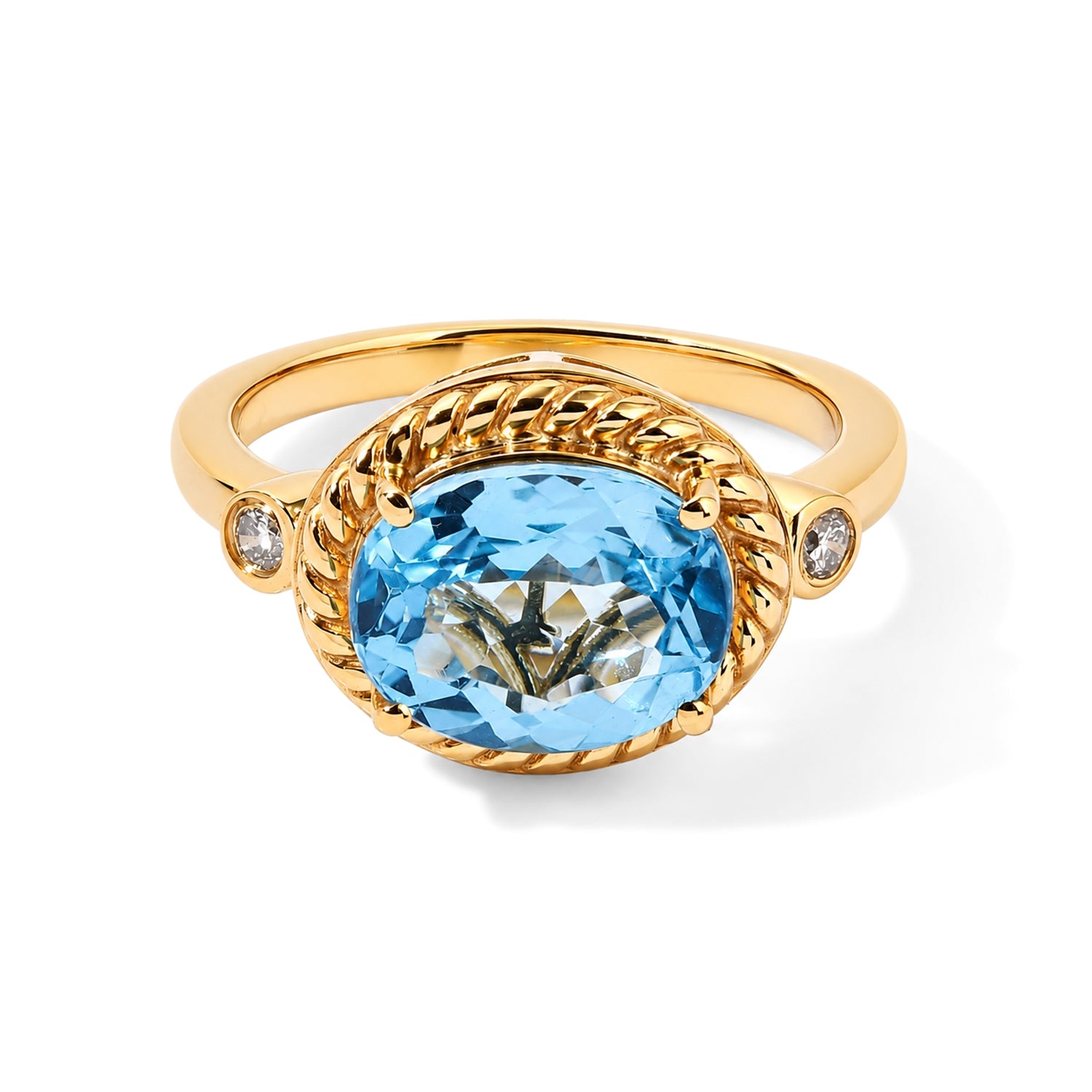 Swiss Blue Topaz &amp; Lab Grown Diamond (SI-G-H) Trilogy Ring in Yellow Gold Plated Sterling Silver 3.10 Ct. 8738872 0