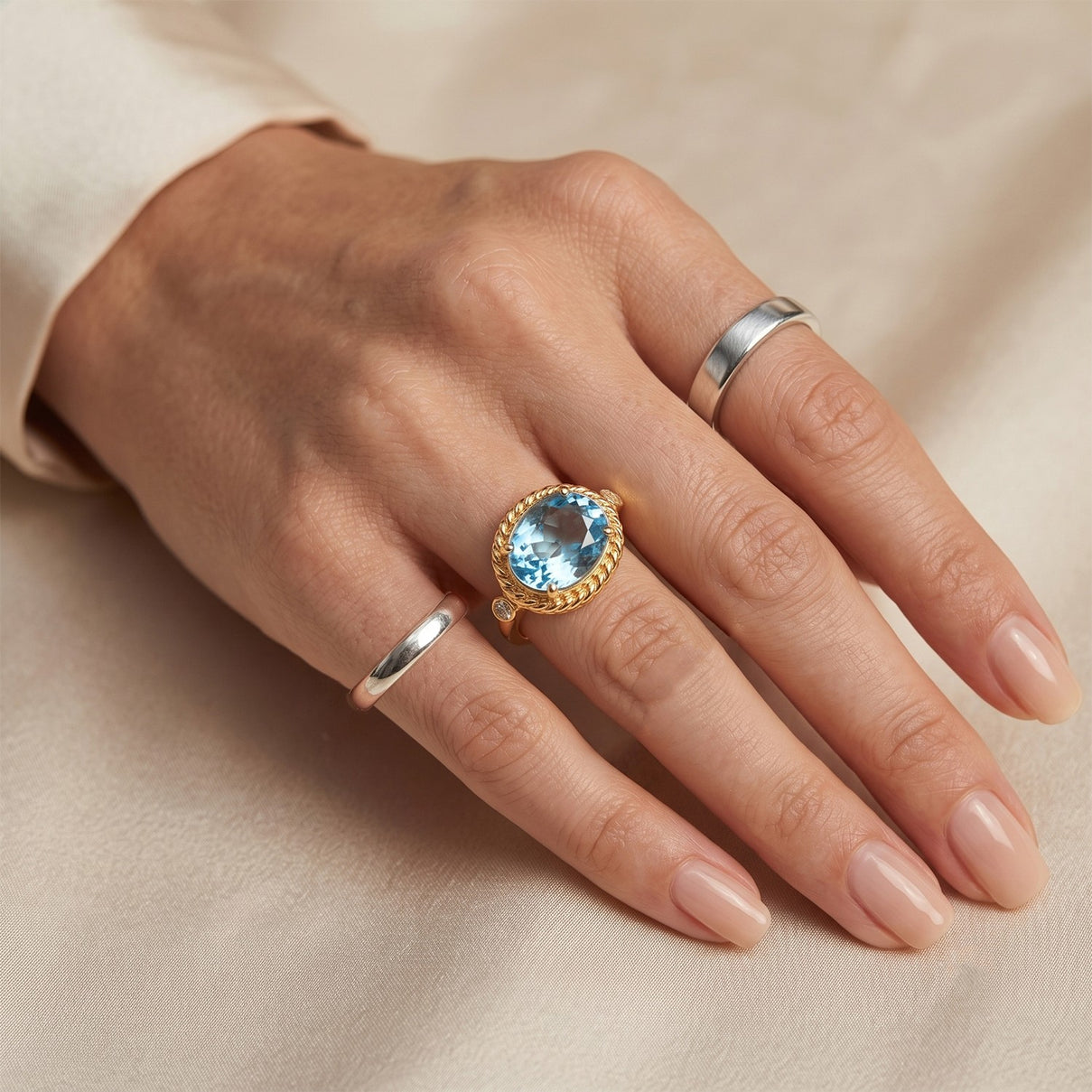 Swiss Blue Topaz &amp; Lab Grown Diamond (SI-G-H) Trilogy Ring in Yellow Gold Plated Sterling Silver 3.10 Ct. 8738872 3