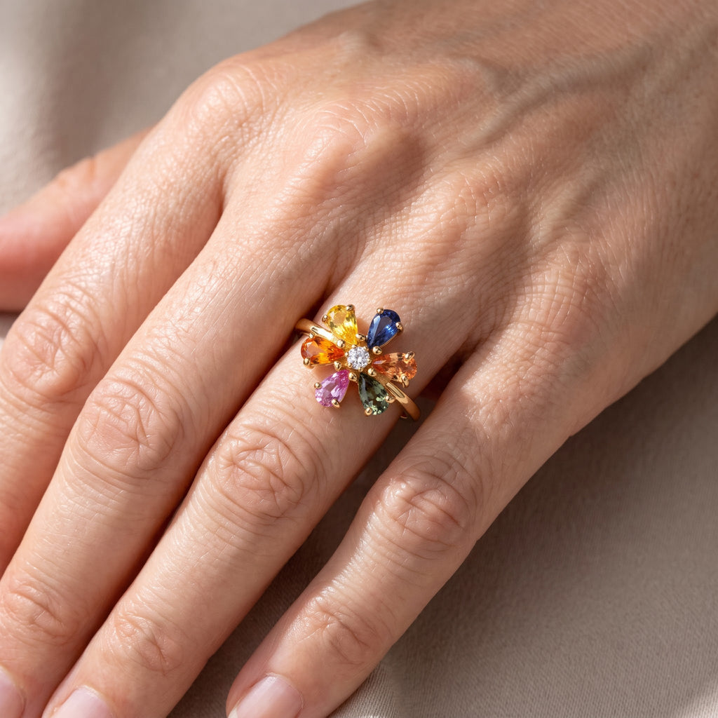 D'Joy - Multi Sapphire & Lab Grown Diamond Floral Ring in 18K Vermeil Yellow Gold Plated Sterling Silver 2.16 Ct._8738906_1