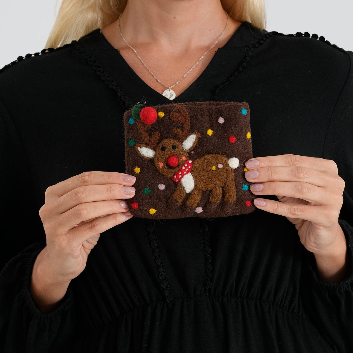 Reindeer Design Wool Zipped Coin Purse Wallet - Brown 8739081 2