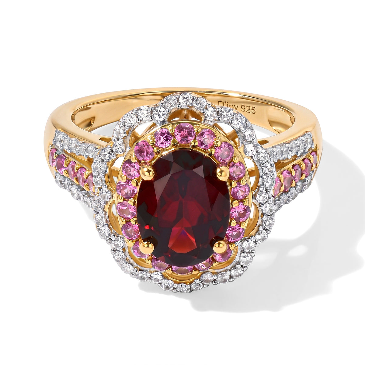 D'Joy Rhodolite Garnet, White Zircon Main Stone With Surrounding Stone Ring in 18K YG VermeilSterling Silver  3.259  Ct. 8740498 0