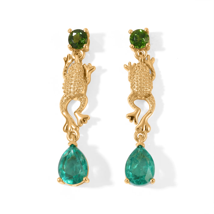 Live From Vicenza GP - Natural Chrome Diopside, Blue Sapphire &amp; Colombian Emeraldine Colour Quartz Dangling Earring with Push Post in Yellow Gold Plated Sterling Silver 3.55 Ct. 8740663 1