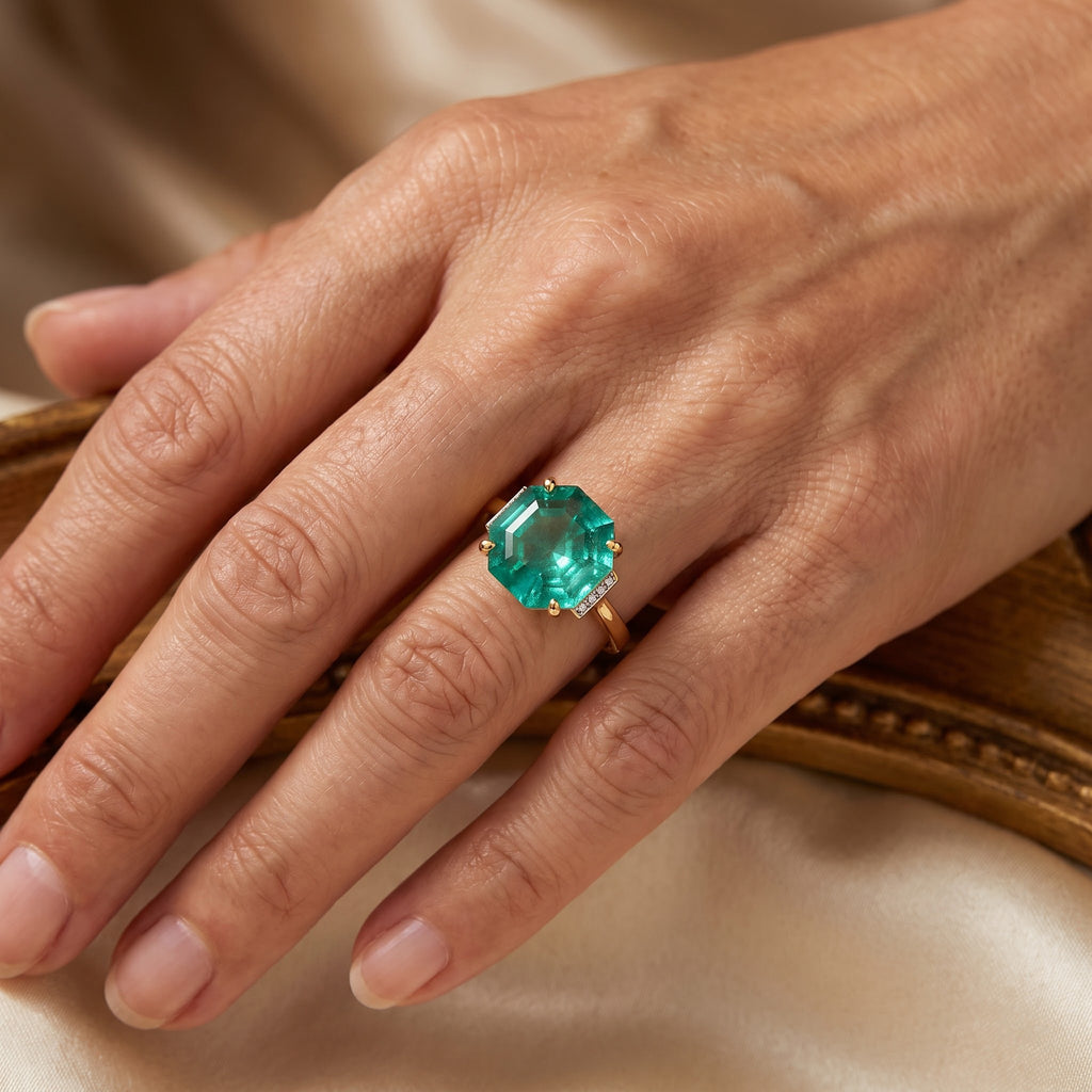 D'Joy - Colombian Colour Emeraldine Quartz & White Zircon Ring in Yellow Gold Plated Sterling Silver 4.70 Ct._8741334_1