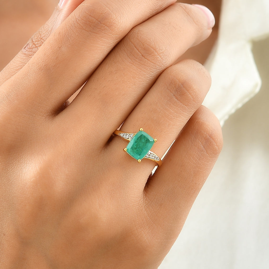 D'Joy - Colombian Colour Emeraldine Quartz & White Zircon Ring in Yellow Gold Plated Sterling Silver 2.75 Ct._8741339_1