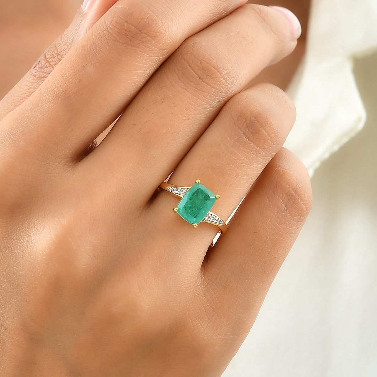 D'Joy - Colombian Colour Emeraldine Quartz &amp; White Zircon Ring in Yellow Gold Plated Sterling Silver 2.75 Ct. V32635731 2