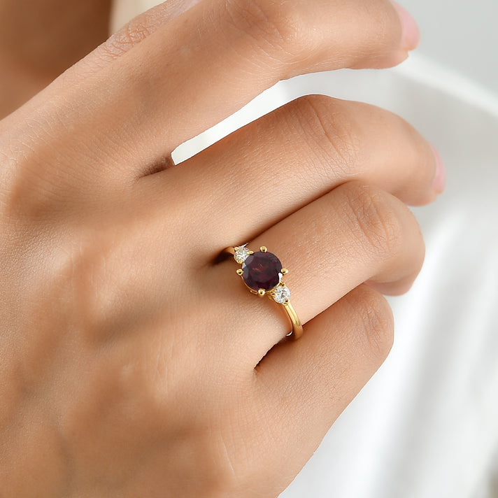 Luxuriant - Orissa Natural Rhodolite Garnet &amp; Lab Grown Diamond (SI/G-H) Trilogy Ring in 18K Vermeil Yellow Gold Plated Sterling Silver 1.75 Ct. 8743896 2