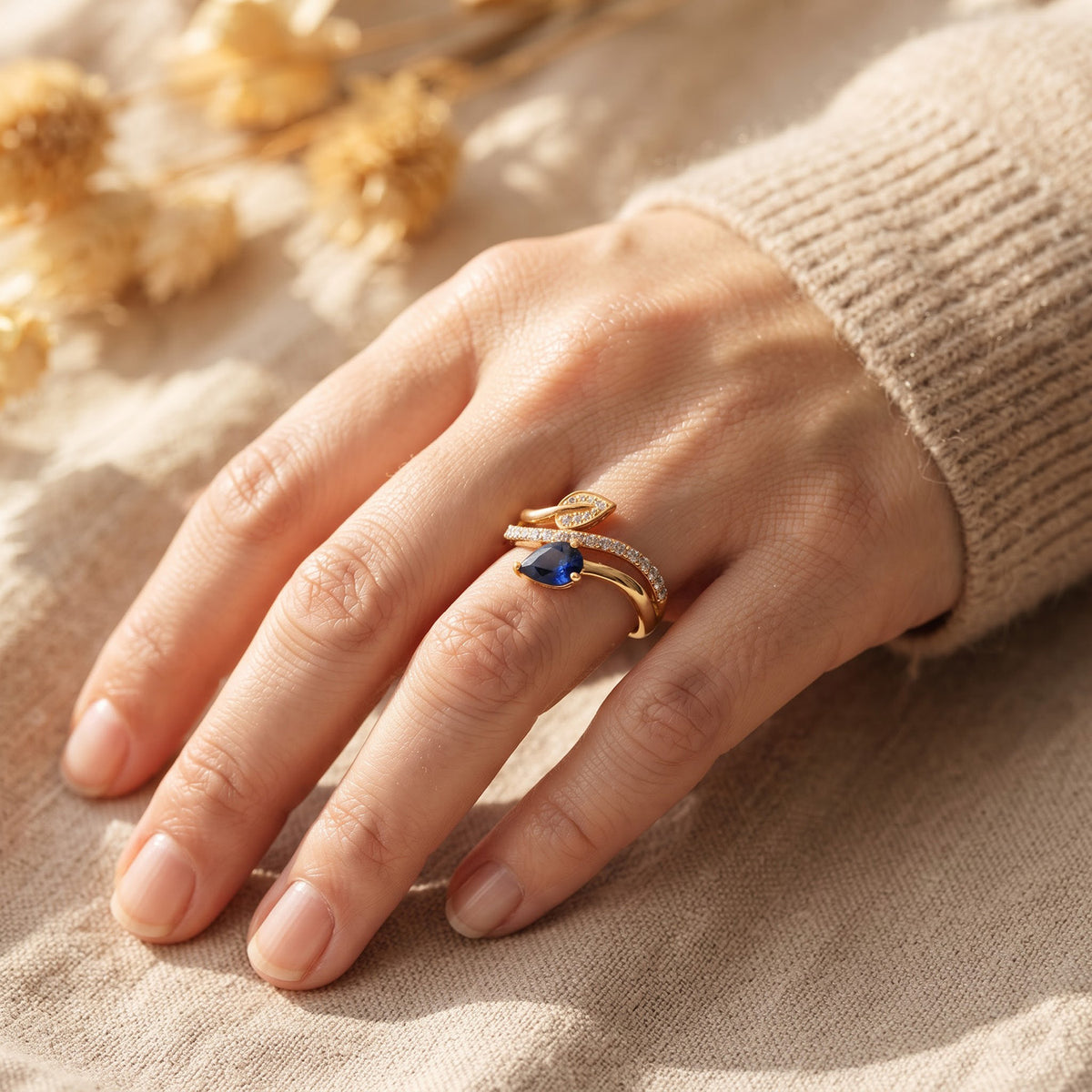D'Joy - Kwai Blue Sapphire &amp; White Zircon Leaf Bypass Ring in Yellow Gold Plated Sterling Silver 1.23 Ct. V32698940 1