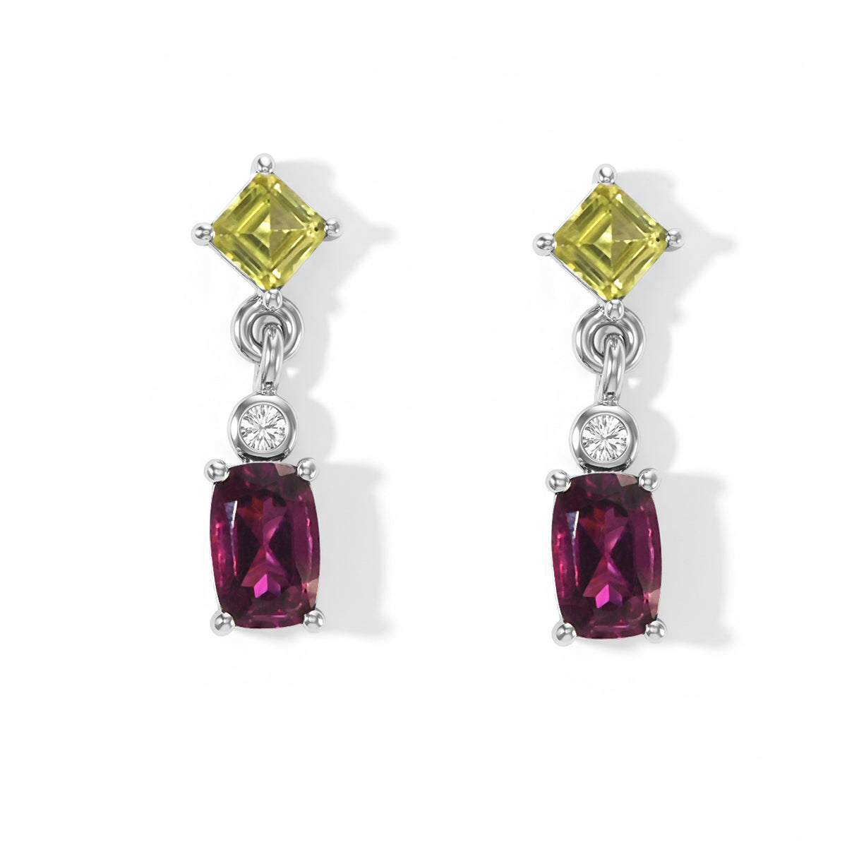 D'Joy - Rhodolite Garnet, Peridot &amp; White Zircon Dangling Earring with Push Back in Platinum Overlay Sterling Silver 2.08 Ct. 8744059 0