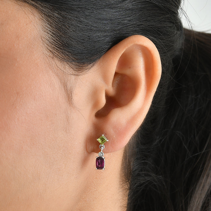 D'Joy - Orissa Natural Rhodolite Garnet, Peridot &amp; White Zircon Dangling Earring with Push Back in Platinum Overlay Sterling Silver 2.08 Ct. 8744059 2