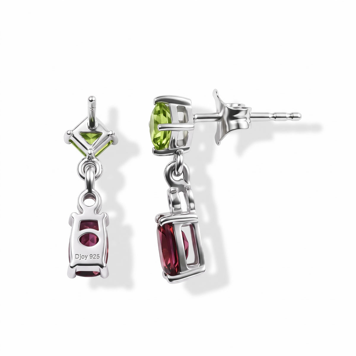 D'Joy - Rhodolite Garnet, Peridot &amp; White Zircon Dangling Earring with Push Back in Platinum Overlay Sterling Silver 2.08 Ct. 8744059 3