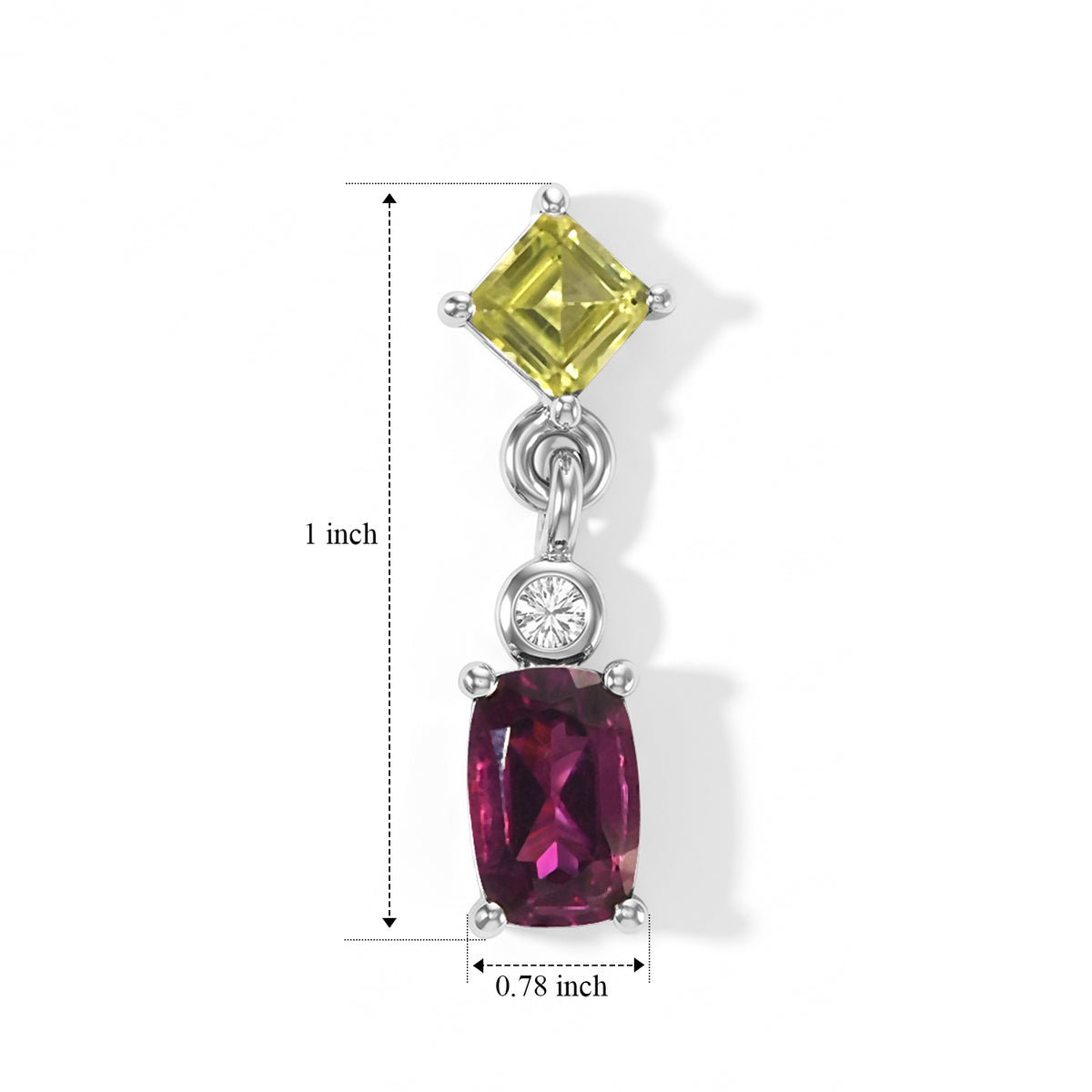 D'Joy - Rhodolite Garnet, Peridot &amp; White Zircon Dangling Earring with Push Back in Platinum Overlay Sterling Silver 2.08 Ct. 8744059 4