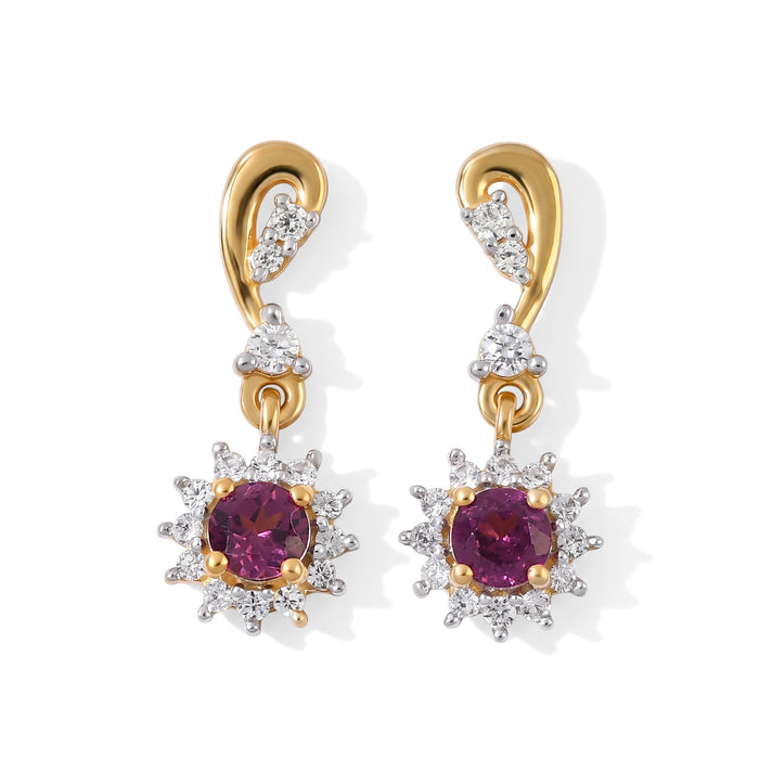 Orissa Natural Rhodolite Garnet &amp; White Zircon Sunburst Dangling Earring with Push Back in Yellow Gold Plated Sterling Silver 1.04 Ct. 8744100 1