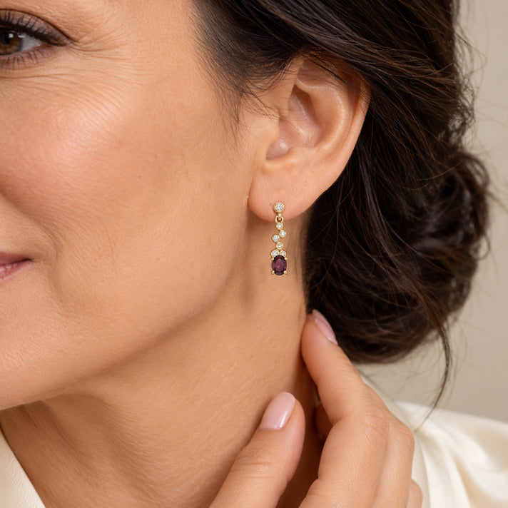 D'Joy - Orissa Natural Rhodolite Garnet &amp; White Zircon Dangling Earring with Push Post in Yellow Gold Plated Sterling Silver 1.10 Ct. 8744144 2